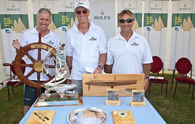 Trophy Presentation from left: Mike Broughton, Chris Bull, Christian Ripard JAZZ, Sail No: 5299, Owner: Chris Bull, State: VIC, Division: IRC & ORCi, Design: Cookson 50, LOA (m) : 15.2, Draft (m): 3.5 2nd overall IRC, winner IRC-0 © Rolex/Daniel Forster http://www.regattanews.com